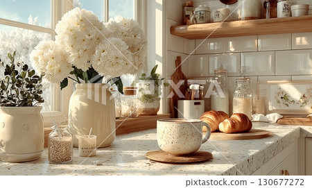 Cozy kitchen with coffee, croissants, and flowers on window sill on winter day 130677272