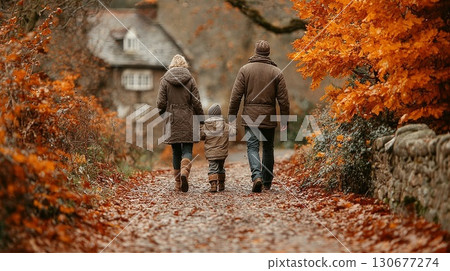 Family walking in autumn forest enjoying day outdoors 130677274
