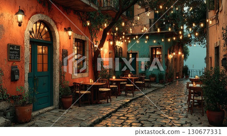 Charming cobblestone street winding through quaint european town at dusk Charming cobblestone street winding through quaint european town at dusk 130677331