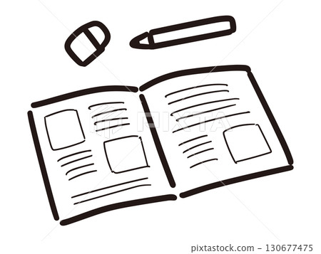Handwritten illustration of notebook, pencil and eraser (vector) 130677475