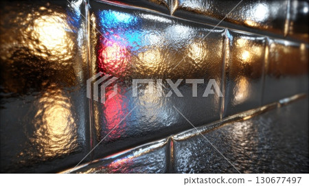 Metallic glass tile wall reflecting city lights at night 130677497