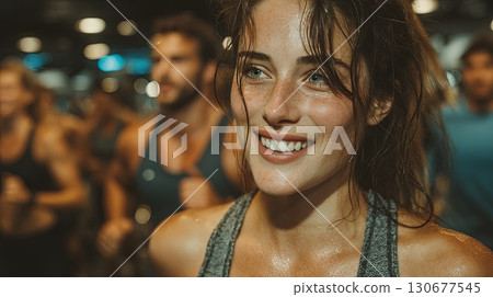 Woman sweating after intense workout at gym 130677545