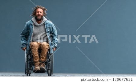 Stylish man in wheelchair posing on blue background Stylish man in wheelchair posing on blue background 130677631