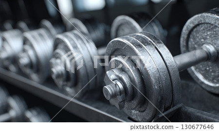 Barbell resting on supports after intense workout session Barbell resting on supports after intense workout session 130677646