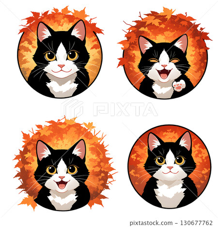一組 4 幅以秋葉為框架的貓咪插圖 130677762