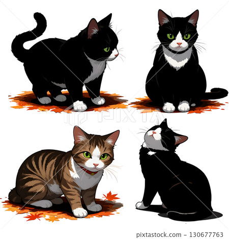 Set of 4 autumn leaves and cat illustrations 130677763