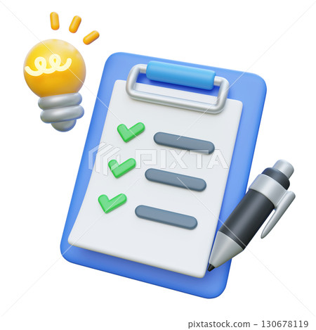 Checklist Clipboard with Ball point pen and electric bulb 3D Icon Graphic 130678119