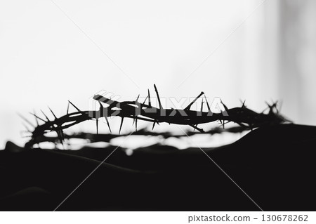 Crown of thorns on white table background. Easter, central celebration in Christianity, honors sacrifice of Jesus Christ, crown of thorns symbolizes redemption, faith, deep spirituality of religion. Crown of thorns on white table background. Easter, central celebration in Christianity, honors sacrifice of Jesus Christ, crown of thorns symbolizes redemption, faith, deep spirituality of religion. 130678262