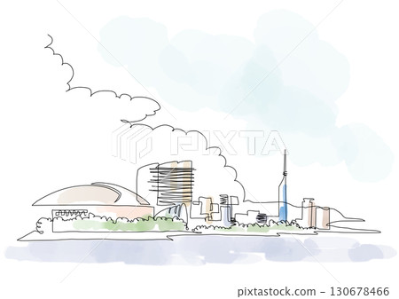 Fukuoka City Momochi Seaside scenery, one-stroke painting and watercolor 130678466