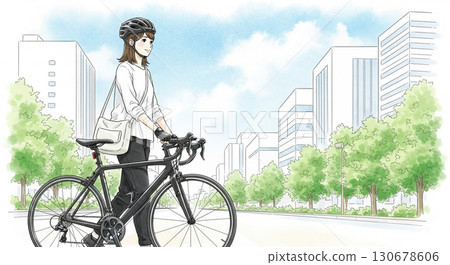 A young woman walking with a road bike A young woman walking with a road bike 130678606