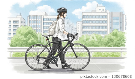 A young woman walking with a road bike 130678608
