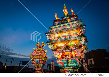Noshiro Tenku no Fuyajo Tanabata Festival Lantern Castles in the Sky in Noshiro , Akita, Japan 130678669