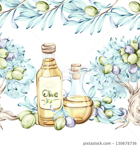 Exploring the beauty of olives and olive oil in watercolor art with a seamless pattern arrangement framed by natures vibrant colors and Italian culinary essence 130678736