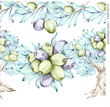 Olives and olive oil watercolor illustrations framed in a seamless pattern celebrating Italian cuisine and natures beauty with olive arrangements and borders Olives and olive oil watercolor illustrations framed in a seamless pattern celebrating Italian cuisine and natures beauty with olive arrangements and borders 130678737