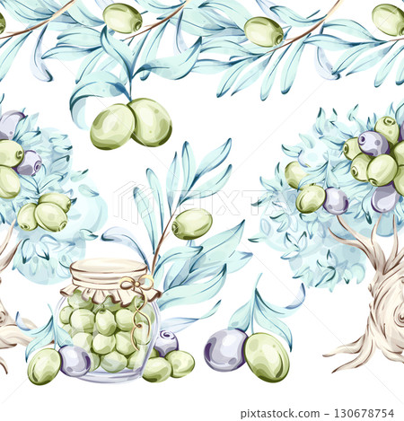 Olives and olive oil watercolor illustration series featuring seamless patterns arrangements and decorative frames inspired by Italian cuisine nature and the beauty of healthy eating 130678754