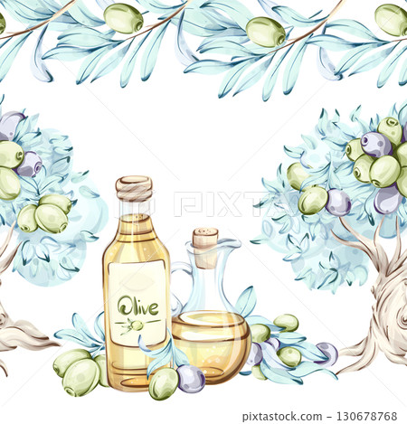 Olives and olive oil seamless pattern with frame and border arrangement inspired by Italian cuisine nature and nourishing beauty 130678768