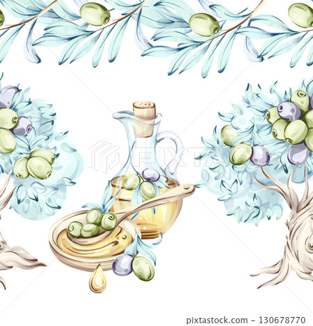 Olives and olive oil series in watercolor style with seamless pattern frame and border arrangement that embodies Italian cuisine nature and beauty of nutrition 130678770