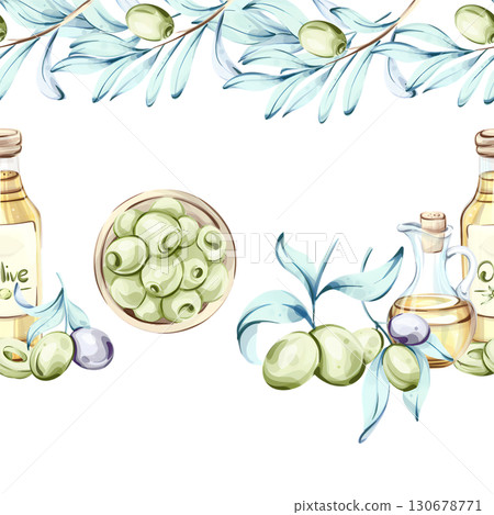 Olives and olive oil seamless pattern with frame and border highlighting the beauty of Italian cuisine nature and nutrition in a watercolor style 130678771