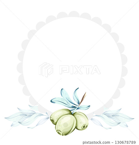Olives and olive oil illustrated in watercolor style celebrating Italian cuisine and nature's beauty frame, border, arrangement 130678789