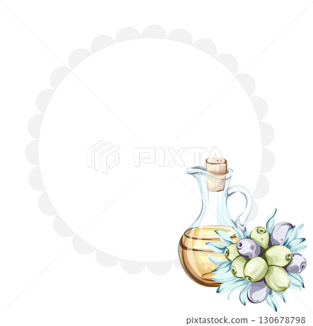 Illustration of olives and olive oil showcasing the essence of Italian cuisine and nature through watercolor art frame, border, arrangement Illustration of olives and olive oil showcasing the essence of Italian cuisine and nature through watercolor art frame, border, arrangement 130678798