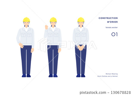 建築工地或工廠工人的插圖 一名身穿工作服、戴著頭盔的婦女 建築工地或工廠工人的插圖 一名身穿工作服、戴著頭盔的婦女 130678828