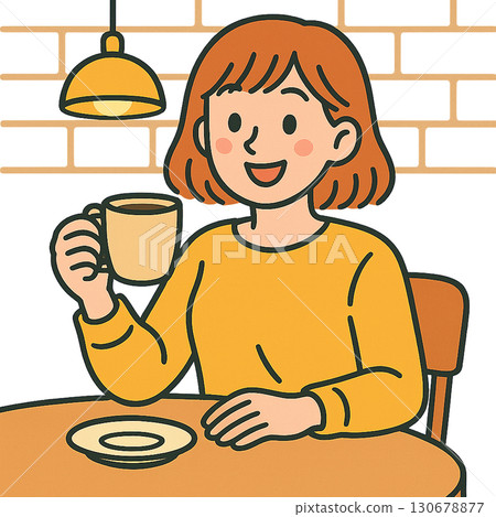 微笑的年輕女士喝咖啡 130678877
