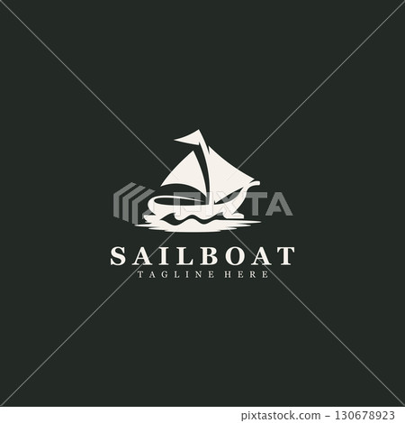 Sail boat logo water lines hipster design minimalist template illustration 130678923