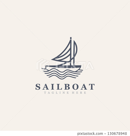 Sail boat logo water lines hipster design minimalist template illustration 130678948