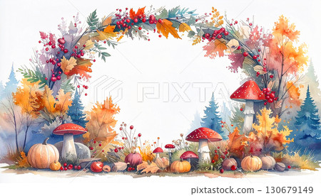 Autumn frame, autumn material, autumn watercolor, Generative AI, AI image 130679149