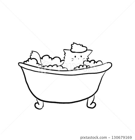 Line drawing cat taking a bath 130679169