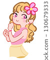 一個頭上戴著花飾的可愛女孩的粉紅色插圖 130679333