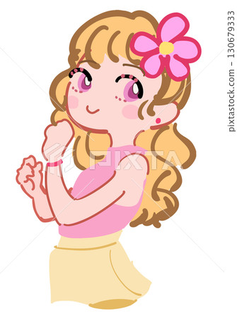 Pink illustration of a cute girl with a flower decoration on her head 130679333