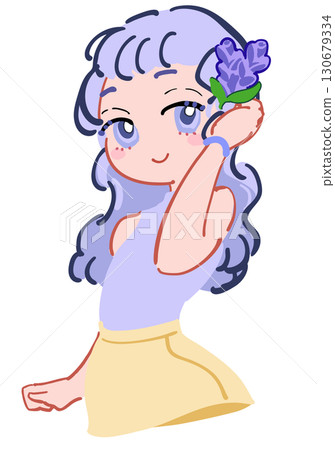 Illustration of a gentle-looking girl with a flower decoration on her head, light purple 130679334