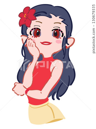 一位意志堅強的女孩的插圖，頭上有一朵花，紅色 130679335