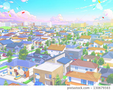 Residential area pastel color urban streetscape background pop 130679383