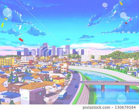 Residential area Pastel color City streetscape background Pop 130679384