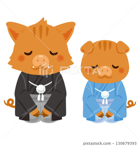 Year of the Pig characters in formal attire, parent and child, bowing Year of the Pig characters in formal attire, parent and child, bowing 130679393