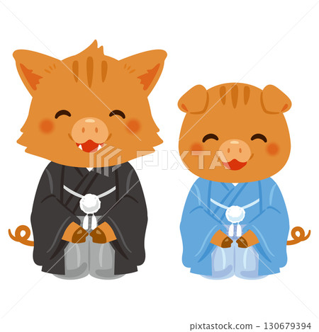 Smiling Year of the Pig characters in their finest attire - Parent and child 130679394