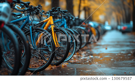 Mountain bikes lined up in autumn rain with vibrant orange frame standing out, urban transportation and sustainable mobility concept 130679587