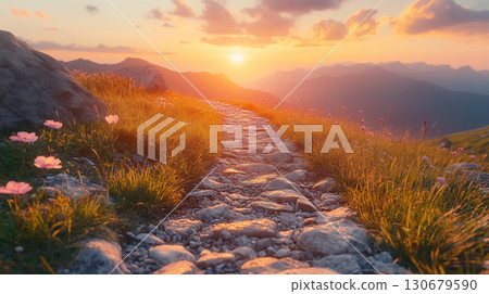 Mountain hiking path at golden sunset with wildflowers and rocky trail, leading toward sunlit peaks and colorful sky view 130679590