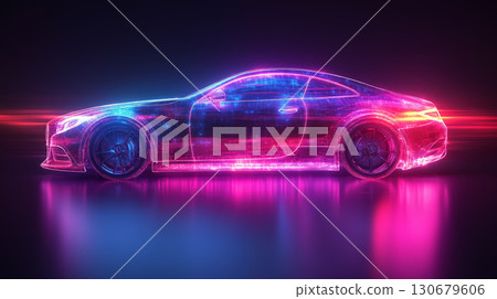 Neon glowing sports car silhouette with holographic effect against dark background, futuristic vehicle design concept. Digital automotive art Neon glowing sports car silhouette with holographic effect against dark background, futuristic vehicle design concept. Digital automotive art 130679606
