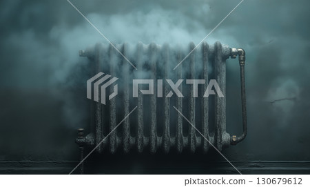 Old radiator heating system producing steam vapor in atmospheric lighting, concept of home heating and energy efficiency during winter 130679612