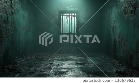 Prison cell with metal bars illuminated by eerie green light, confinement space with damp walls and floor concept 130679622