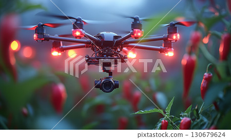 Professional drone hovering over red chili pepper garden at dusk, capturing aerial footage with mounted camera. Concept of agricultural technology and crop monitoring 130679624
