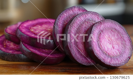 Purple beetroot slices arranged on wooden surface, fresh organic vegetable for healthy cooking and nutritional recipes 130679625