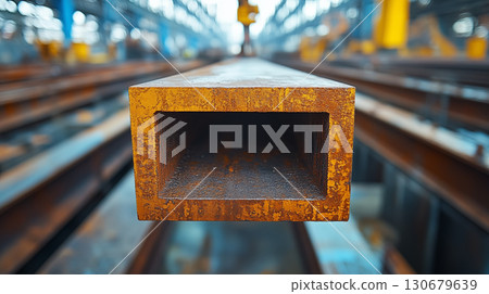 Rustic hollow steel beam with industrial texture photographed in manufacturing facility, showcasing construction materials 130679639