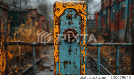 Rustic industrial gate with blue and orange peeling paint against brick wall background, showcasing vintage architectural detail and urban decay 130679640