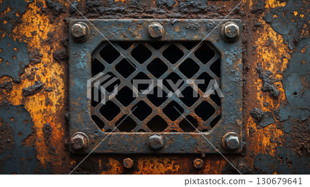 Rustic metal ventilation grate with geometric pattern and weathered surface texture, highlighting industrial architectural detail with orange rust accents 130679641