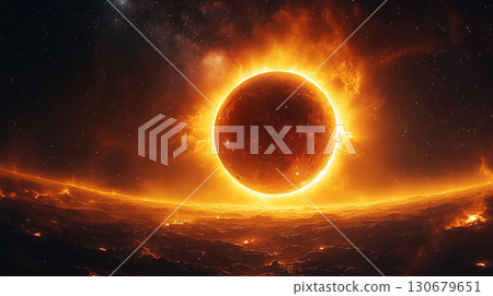 Solar eclipse with flaming corona illuminating lava landscape, astronomical phenomenon concept for cosmic events and space exploration 130679651