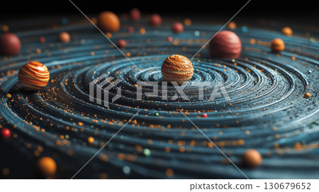 Solar system model with planets orbiting in spiral formation against dark background, astronomical education and space exploration concept 130679652